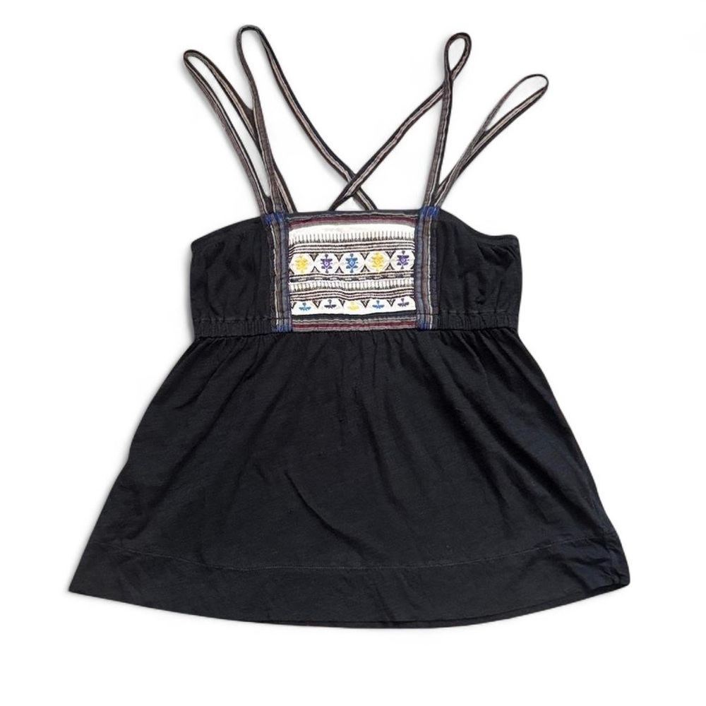Free People Faded Black Indie Boho Embroidered Tribal Babydoll Tank Top — LARGE
